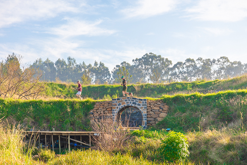 Guests strolling a sunny resort hillside trail above a decorative stone arch, grassy terraces and distant eucalyptus trees.