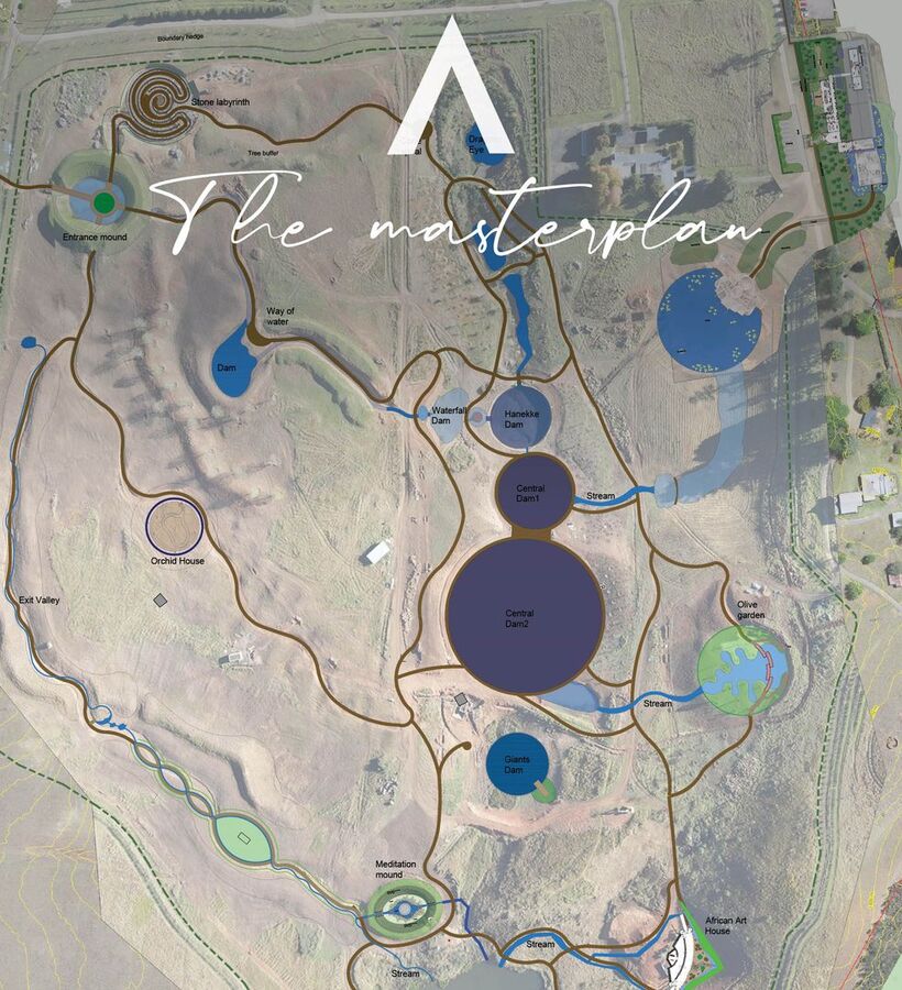 Aerial resort masterplan with winding paths, dams and streams, meditation mound, stone labyrinth, olive garden and pools.