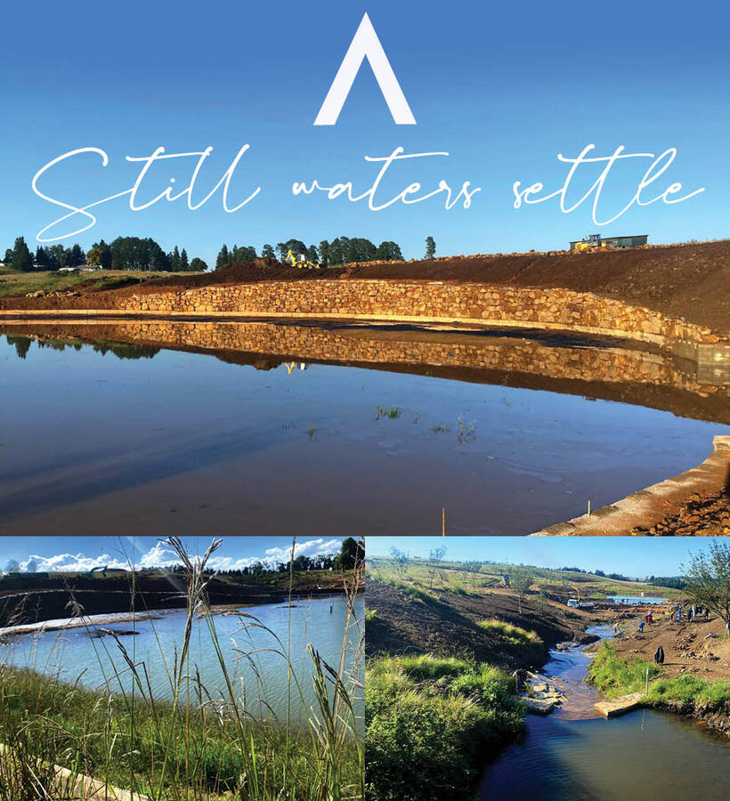 Reflecting pond with stone wall, grassy banks and a meandering stream under blue sky, overlaid text 'Still waters settle'.