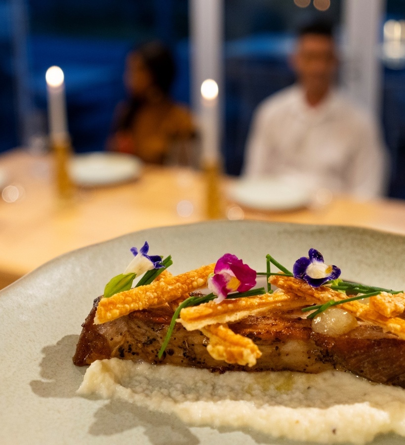 Seared pork belly on puree with crispy shards and edible flowers, foreground; blurred candlelit dinner party in background