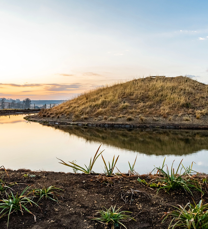 Tranquil sunrise over a lakeside pond and grassy hill, mirror reflection and walking path ideal for peaceful resort strolls