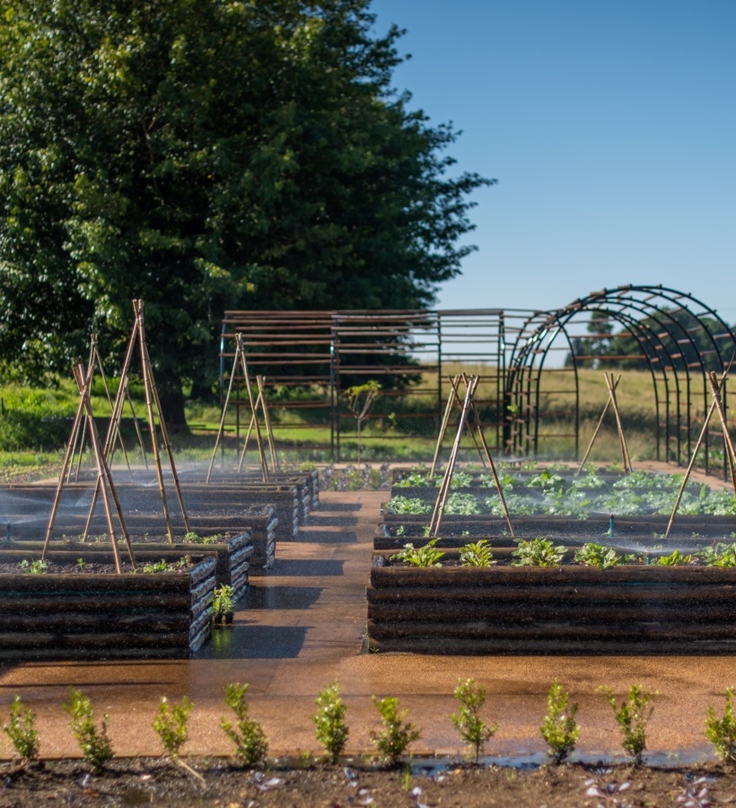 Resort's organic kitchen garden with raised beds, bamboo trellises, misting sprinklers and arched pergola under a sunny sky.