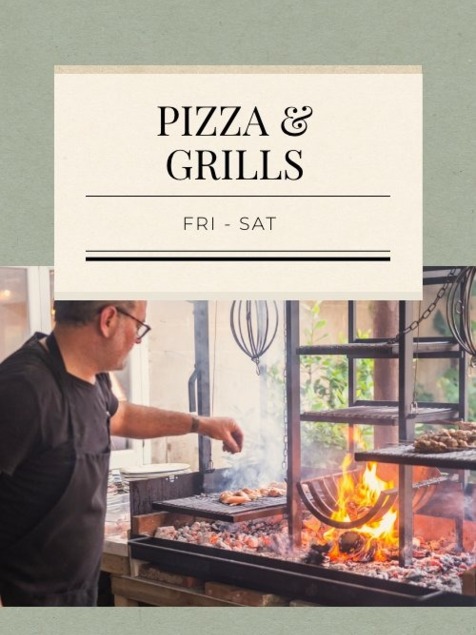 Chef grilling meats over open flame grill in hotel kitchen, promoting pizza and grill nights Friday and Saturday