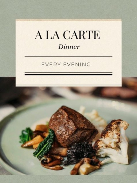 Gourmet a la carte dinner featuring a tender steak with roasted cauliflower, mushrooms, greens, and black truffle garnish