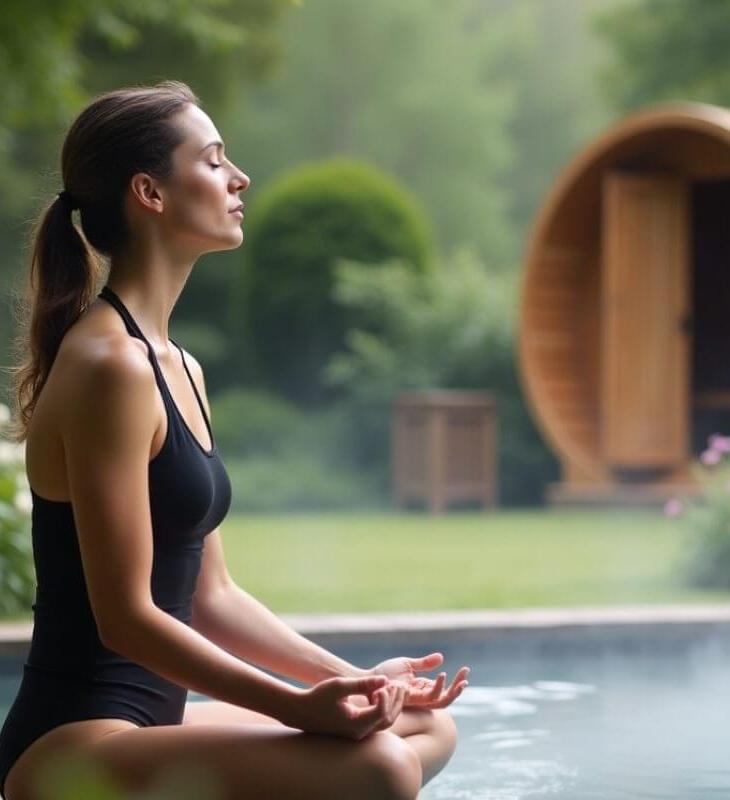Woman in black swimsuit meditates beside steaming pool in lush garden with wooden barrel sauna and flowers nearby