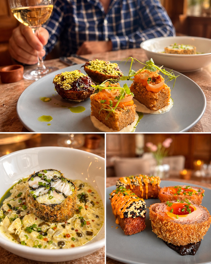 Warm restaurant scene: plated gourmet appetizers—crispy croquettes, fish roulade in creamy sauce, vegetable bites—guest toasts with white wine.
