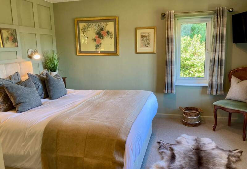 Cozy bedroom with large bed, soft beige blanket, decorative pillows, floral artwork, window with plaid curtains, and plush animal rug on carpeted floor
