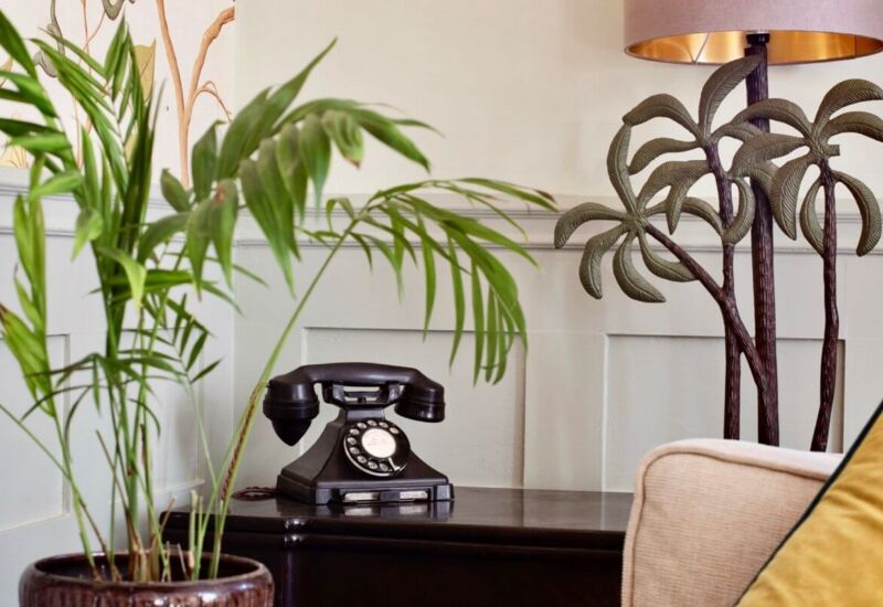 Cozy corner with vintage rotary phone on dark wooden table, tropical plant in ceramic pot, and palm-themed floor lamp by beige sofa