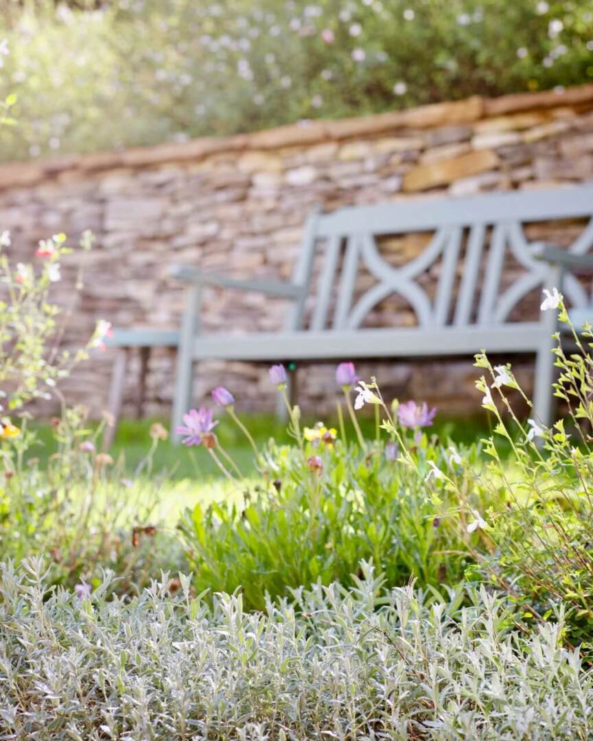 Peaceful garden seating area with blooming wildflowers and a rustic stone wall, offering a serene outdoor relaxation spot