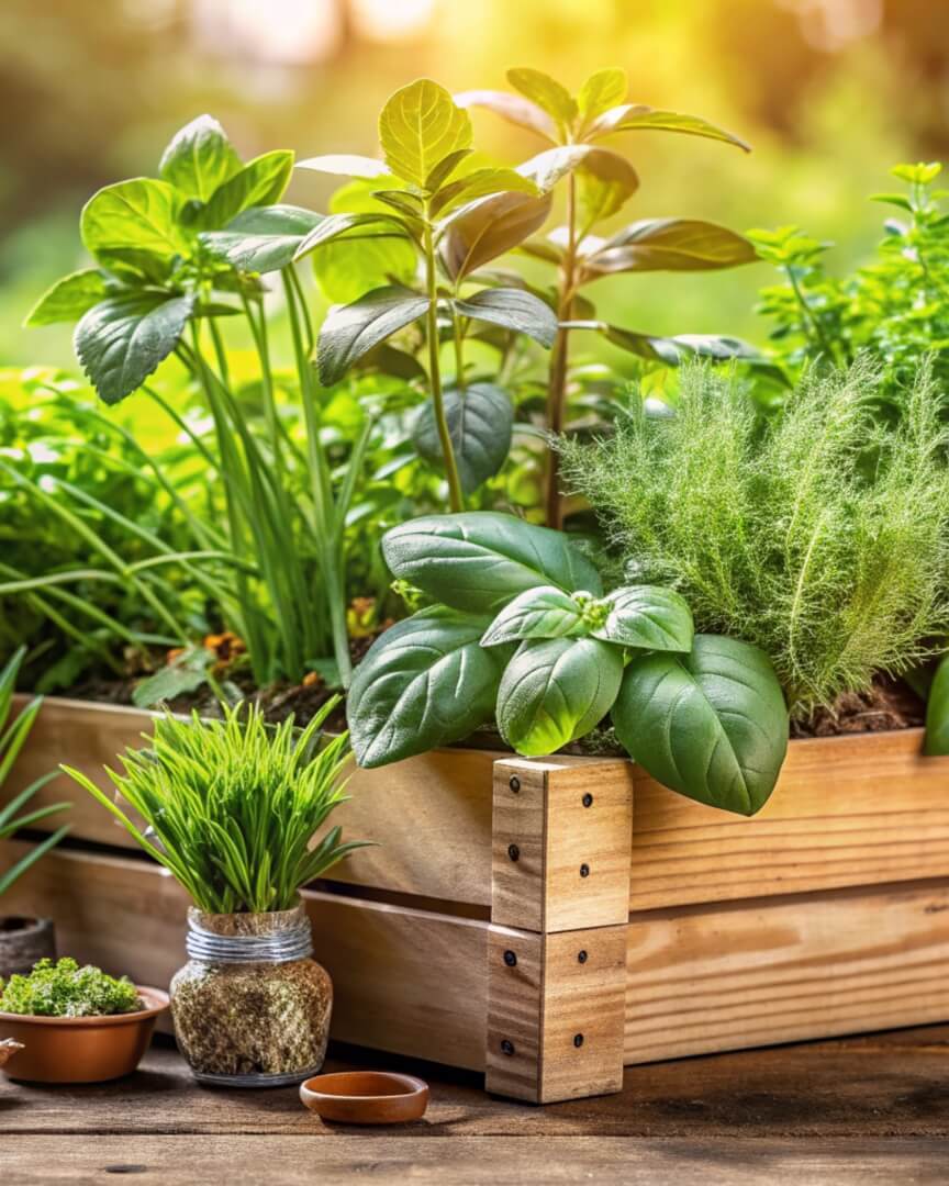 Wooden planter box with fresh green herbs and small potted plants on a rustic outdoor table in warm sunlight