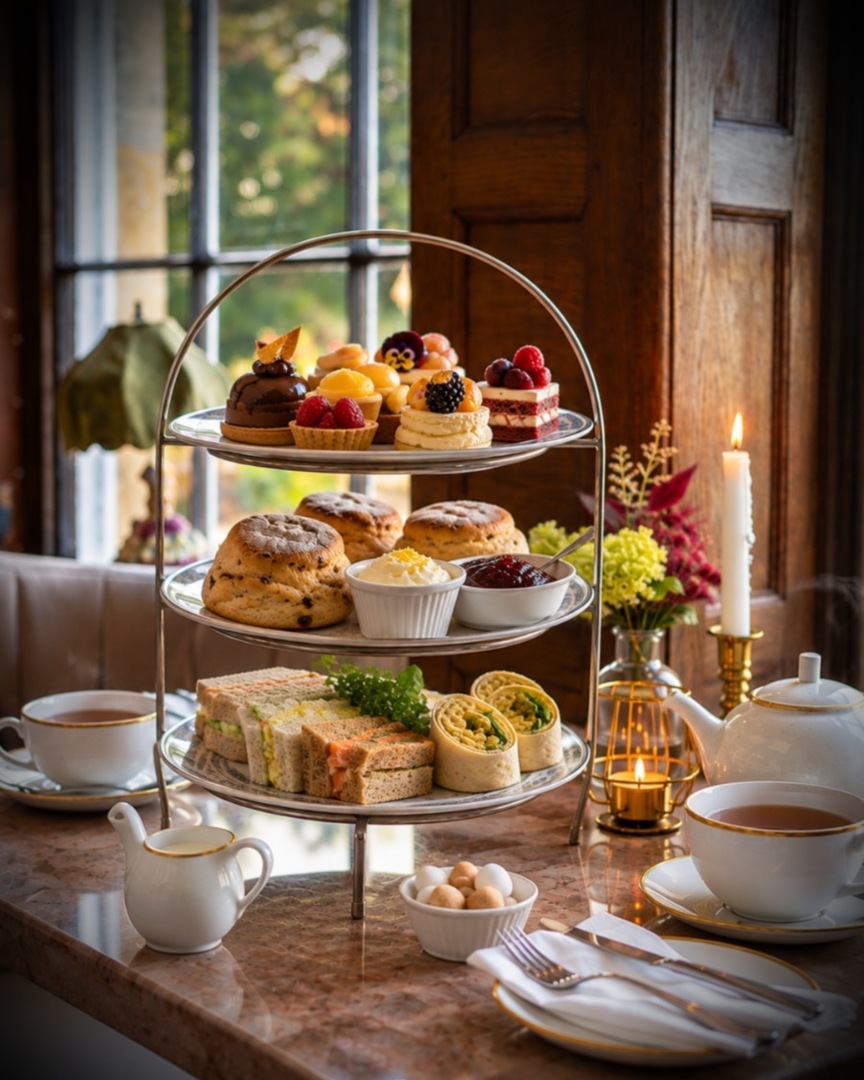 Three-tier afternoon tea stand with finger sandwiches and wraps, scones with cream and jam, assorted pastries, teapot and cups by a candlelit window
