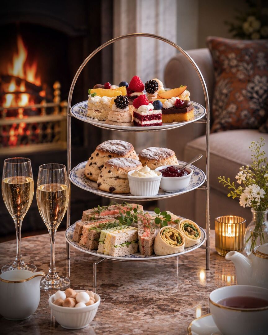 Three-tier afternoon tea stand with scones, clotted cream and jam, finger sandwiches, berry-topped pastries, champagne flutes and a lit fireplace.