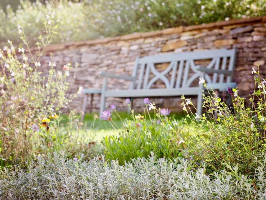 Peaceful garden seating area with blooming wildflowers and a rustic stone wall, offering a serene outdoor relaxation spot