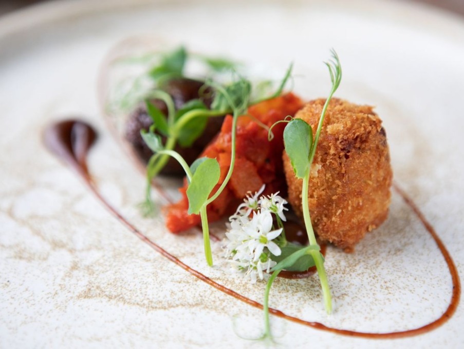 Gourmet appetizer with crispy fried croquette, roasted mushroom, tomato relish, microgreens, and delicate edible flower drizzle