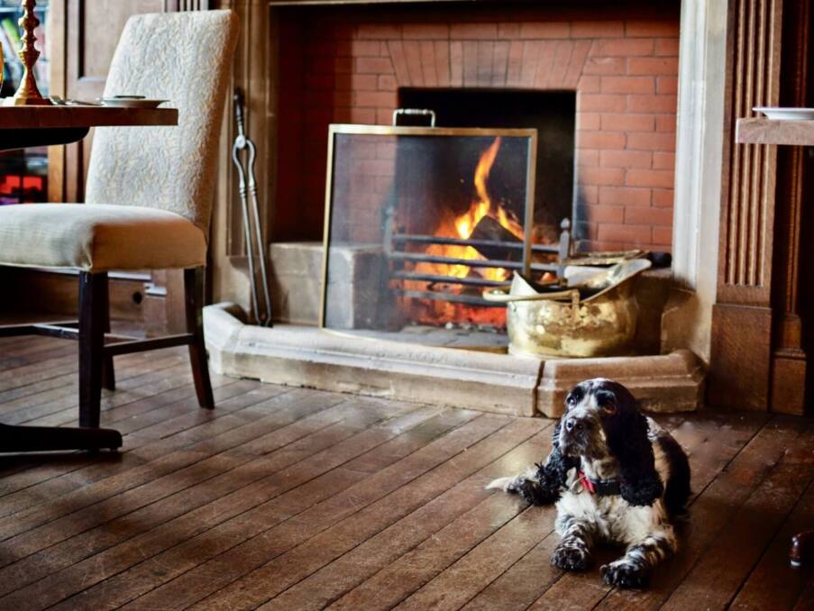 Cozy dining area with cushioned chairs, wooden floors, and a warm brick fireplace where a black and white dog rests nearby