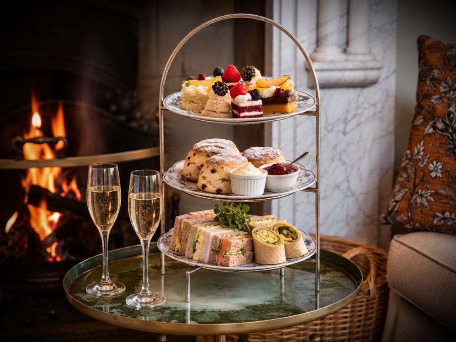 Three-tier afternoon tea stand with assorted cakes, scones and finger sandwiches, two champagne flutes on table by roaring fireplace and cozy armchair.