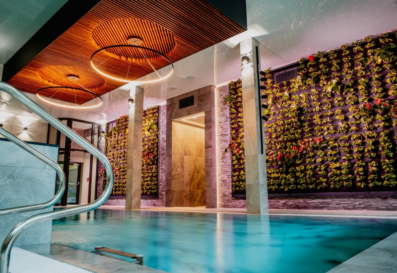 Ekskluzywny, kryty basen hotelowy z nowoczesnym oświetleniem i ścianami z roślin ozdobnych tworzącymi relaksującą atmosferę