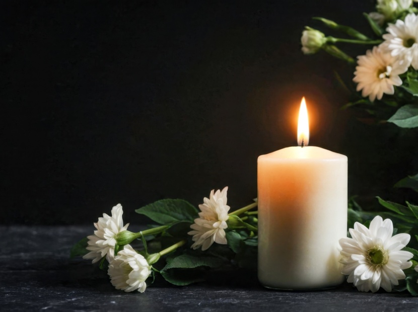 Biała świeca płonie obok delikatnych białych kwiatów na ciemnym tle, tworząc spokojną atmosferę relaksu.