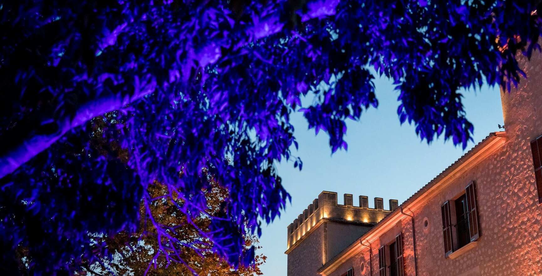 Historisches Steingebäude mit beleuchtetem Zinnen-Turm bei Dämmerung, umrahmt von purpurbeleuchteten Bäumen für magische Atmosphäre