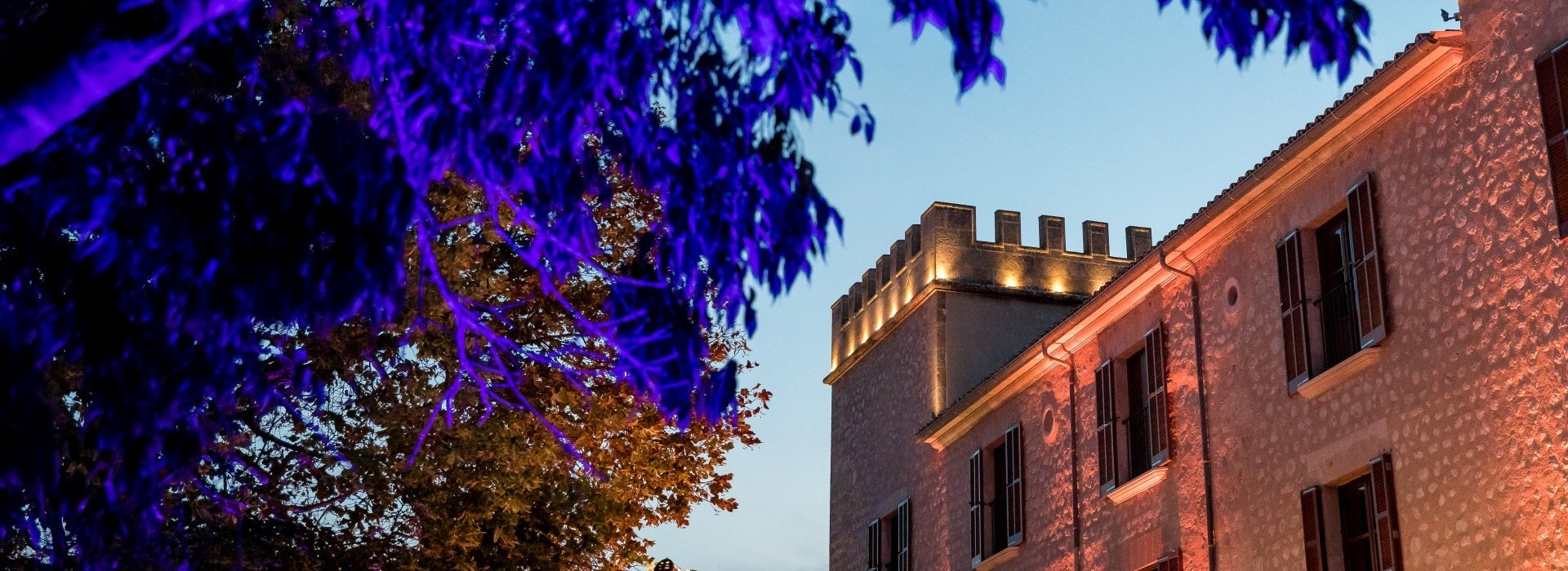 Historisches Steingebäude mit beleuchtetem Zinnen-Turm bei Dämmerung, umrahmt von purpurbeleuchteten Bäumen für magische Atmosphäre