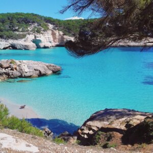 Abgelegene türkisfarbene Bucht mit klarem Wasser, Sandstrand, felsigen Klippen und schattenspendenden Kiefern für ruhige Küstenruhe