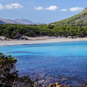 Abgelegener Sandstrand mit kristallklarem türkisfarbenem Wasser und üppigen grünen Hügeln unter hellem blauem Himmel