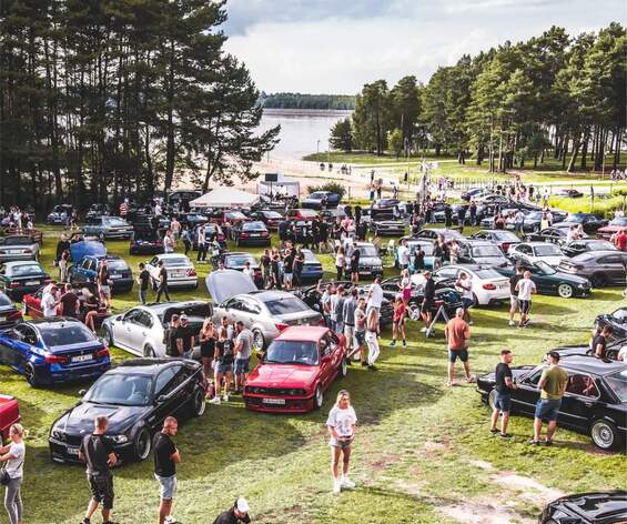 Tłumny zlot samochodowy na trawiastej plaży nad jeziorem, rzędy aut, stoisko z parasolem, ludzie spacerują wśród sosen.