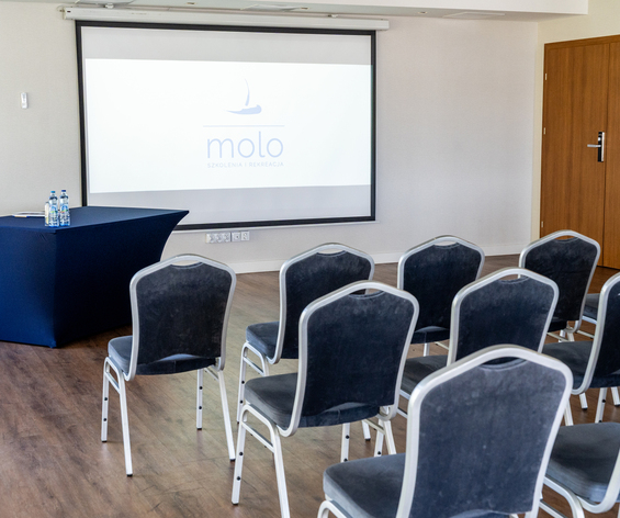Sala konferencyjna z ustawionymi rzędami krzeseł, ekranem projekcyjnym i stołem prelegenta z butelkami wody.
