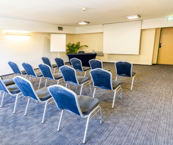 Mała sala konferencyjna z rzędami niebieskich krzeseł, ekranem projekcyjnym, flipchartem, stołem z butelkami wody i rośliną