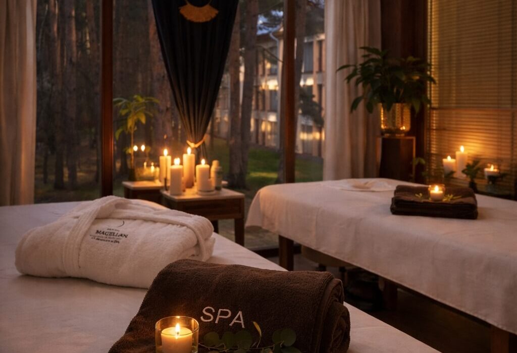 Przytulny salon spa z dwiema leżankami, zapalonymi świecami, ręcznikiem z napisem SPA i widokiem na sosnowy las przez duże okna