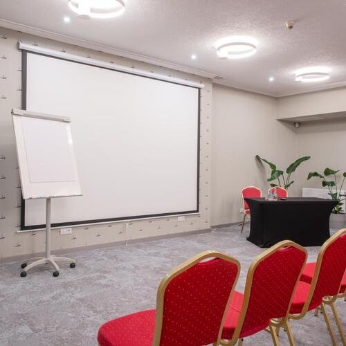 Sala konferencyjna Hotel Magellan: ekran projekcyjny, flipchart, rzędy czerwonych krzeseł, stół prelegenta i rośliny.