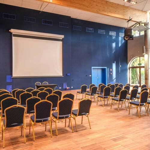 Sala konferencyjna z rzędami granatowych krzeseł, ekranem, nagłośnieniem, drewnianym sufitem i oknami z widokiem na las