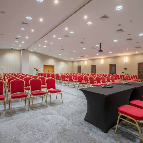 Sala konferencyjna z rzędami czerwonych krzeseł, stolikami prezydialnymi z mikrofonami, projektorem i oświetleniem sufitowym.