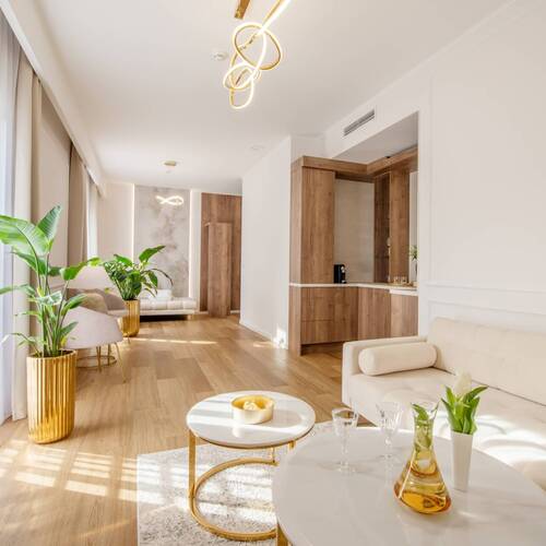 Przestronny apartament — jasny salon z kanapą, stolikiem, mini aneksem kuchennym, złotymi donicami i naturalnym światłem