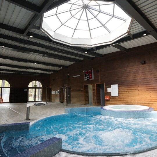 Wnętrze spa: jacuzzi i basen z hydromasażem, duży kopułowy świetlik, drewniane ściany i łukowe okna z widokiem na las