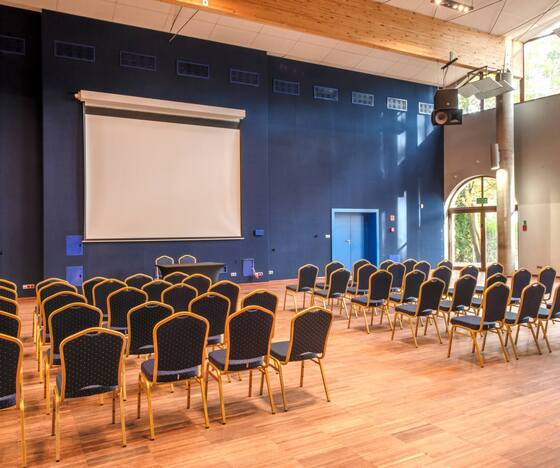 Sala konferencyjna z rzędami granatowych krzeseł, ekranem, nagłośnieniem, drewnianym sufitem i oknami z widokiem na las