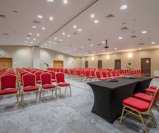 Sala konferencyjna z rzędami czerwonych krzeseł, stolikami prezydialnymi z mikrofonami, projektorem i oświetleniem sufitowym.