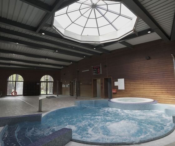 Wewnętrzne spa: jacuzzi i masażowy basen, drewniane ściany, łukowe okna oraz duży świetlik w dachu.