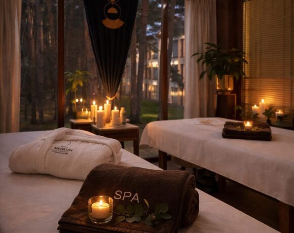 Przytulny salon spa z dwiema leżankami, zapalonymi świecami, ręcznikiem z napisem SPA i widokiem na sosnowy las przez duże okna
