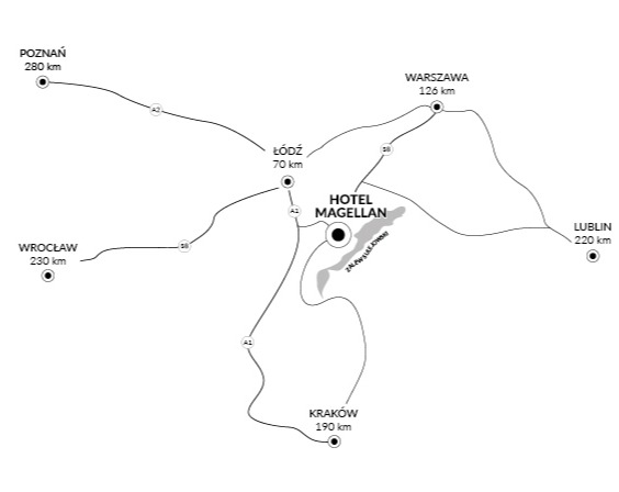 Mapa z Hotelem Magellan przy jeziorze; odległości: Łódź 70 km, Warszawa 126 km, Kraków 190 km, Wrocław 230 km, Lublin 220 km, Poznań 280 km