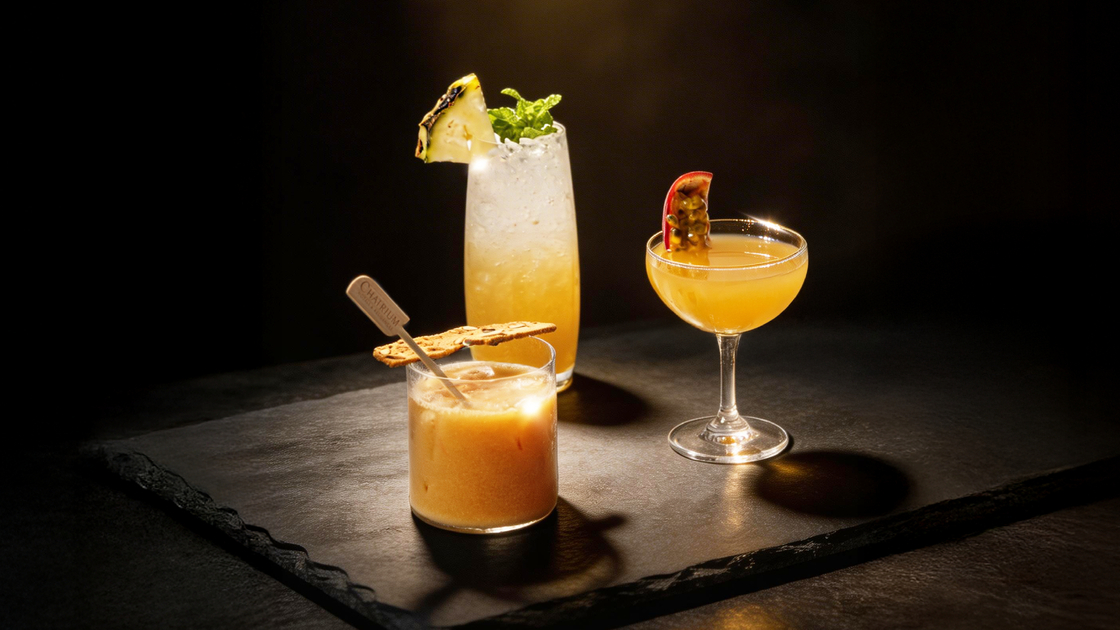 Three tropical cocktails on dark slate: iced short with biscuit and "Chatrium" stirrer, tall pineapple-mint fizz, passionfruit coupe.