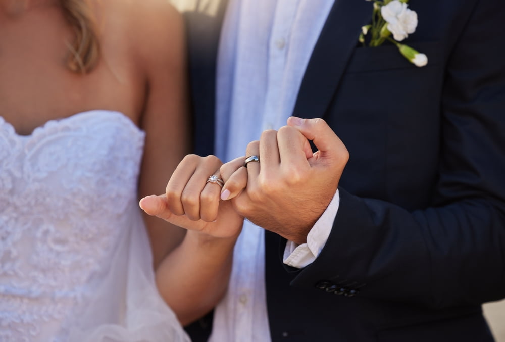 A couple showing off their wedding rings after getting married