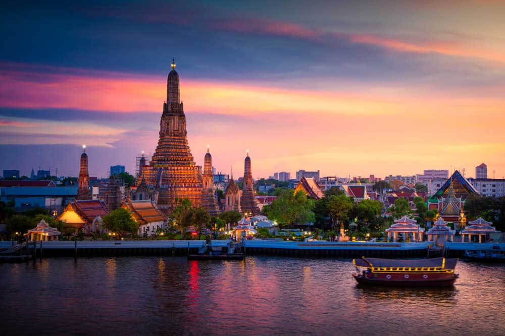 View of Wat Arun from the Chao Phraya River, one of the top Bangkok riverside attractions