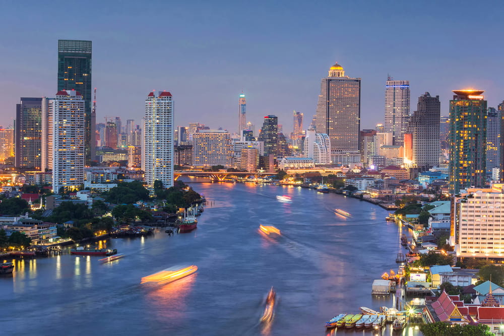 View of Chao Phraya River with city skyline