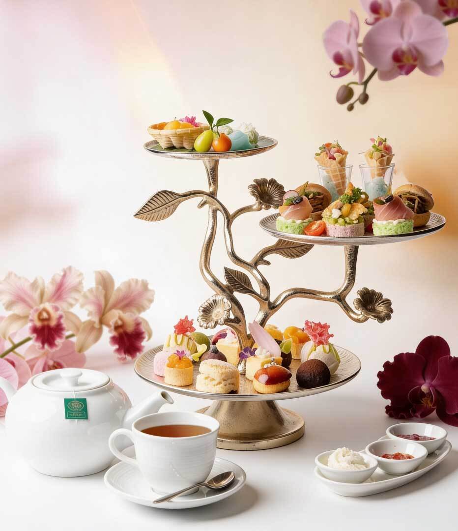 Three-tiered ornate stand holding assorted pastries, finger sandwiches and sweets, white teapot and cup, orchids nearby.