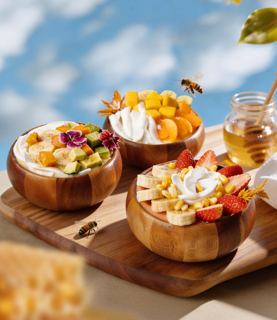 Three wooden breakfast bowls of yogurt topped with mango, banana and strawberries, honey jar on board; bees nearby.