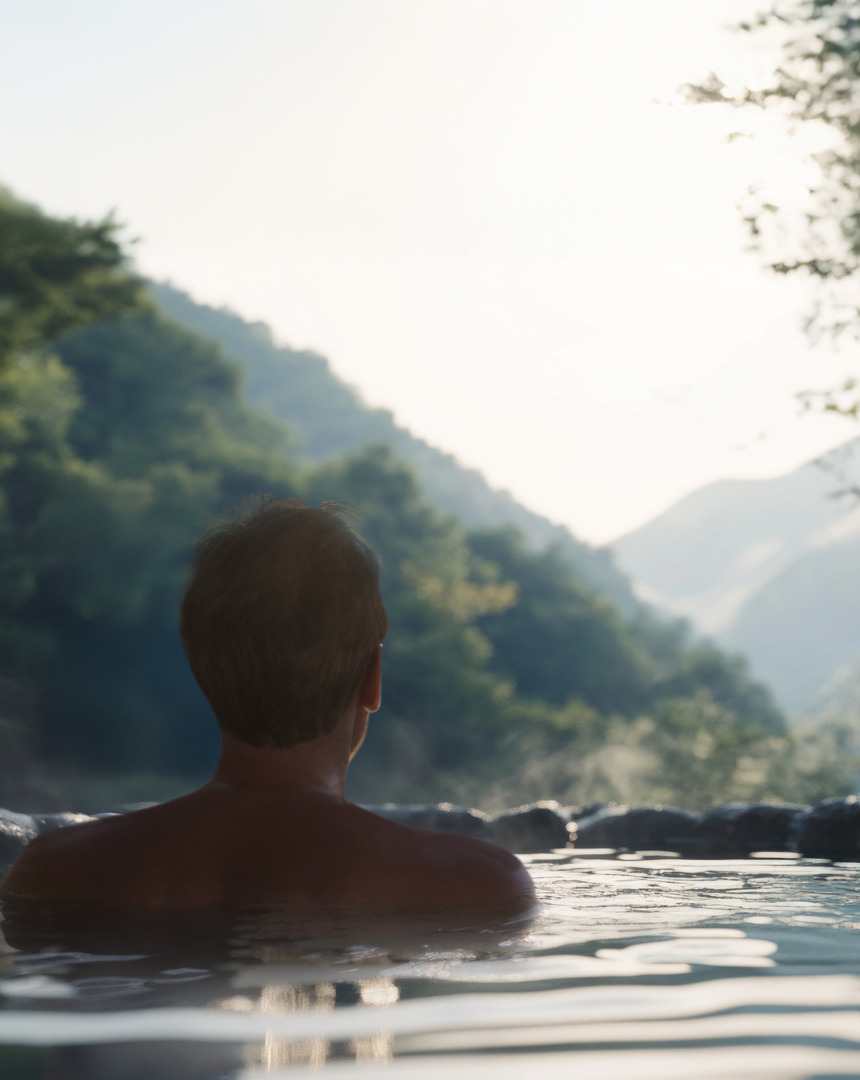 A man relaxes in a onsen, enjoying a scenic mountain view in the background.