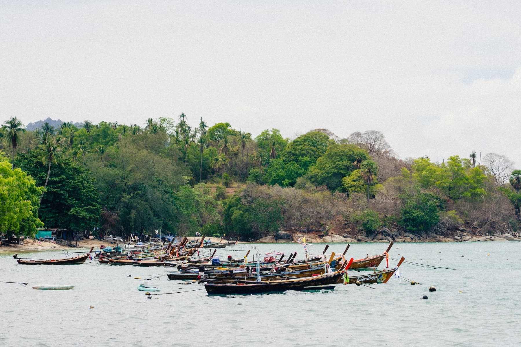 Longtail boats moored along Rawai Beach in Phuket on a clear afternoon