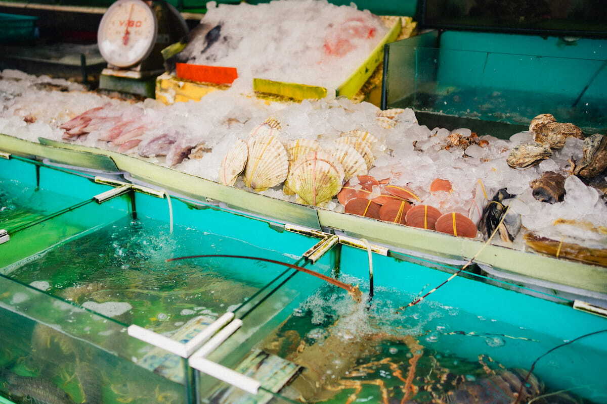 Close-up of scallops, oysters and more at a Rawai seafood market stall in southern Phuket