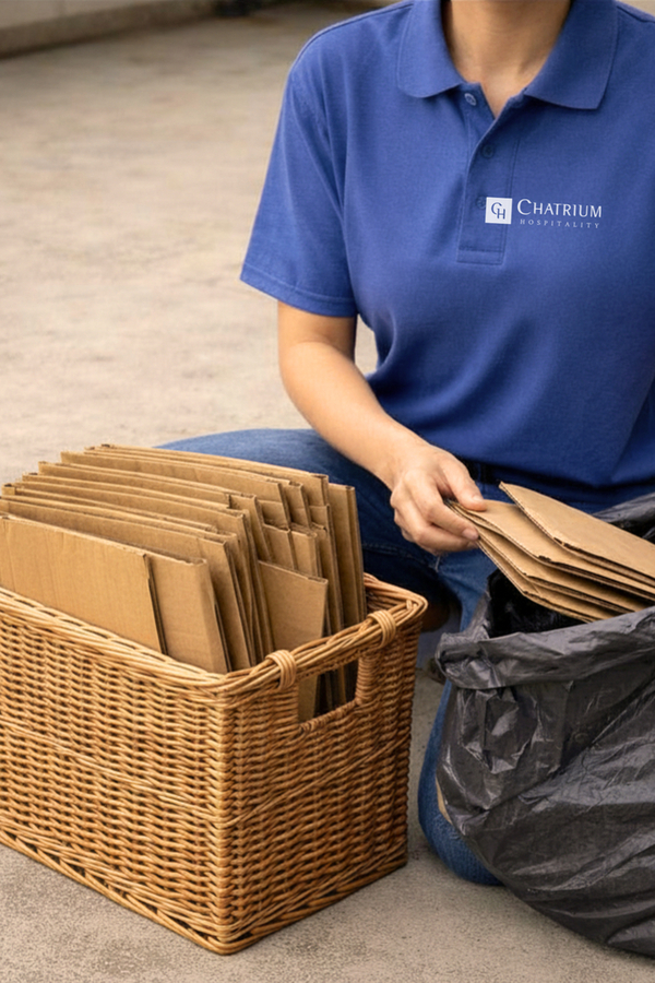 Hotel staff in blue Chatrium polo folding cardboard inserts into wicker basket beside recycling bag.
